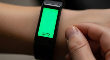 Close-up of hand wearing smartwatch with green screen
