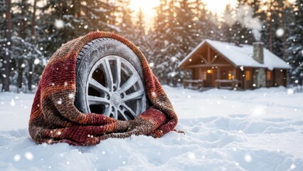 Car wheel wrapped in warm blanket outdoors.