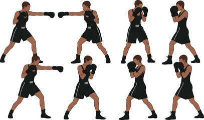 Set of Eight Female Boxer Silhouettes Practicing Punching and Defense Poses for Fitness Gym and Combat Sports Branding.