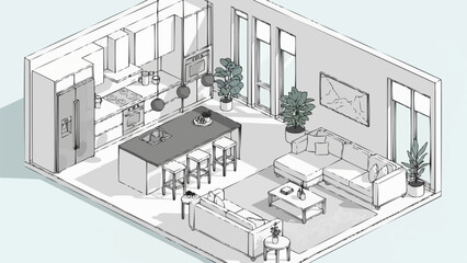 Modern Open Plan Apartment Interior Design Sketch.