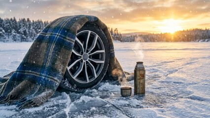 Winter wheel in blanket with hot tea.