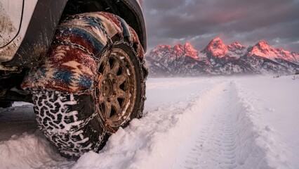 Cozy knitted covers on winter tires.
