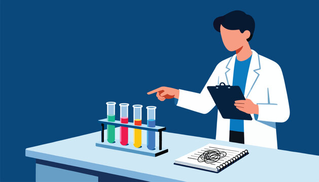 Scientist in lab coat points at colorful test tubes while holding a clipboard