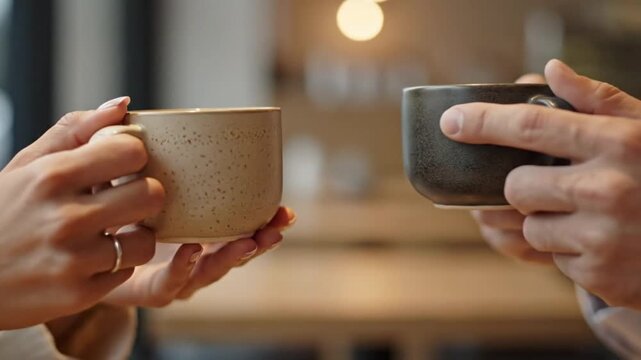 Two hands hold speckled ceramic cups one beige and one dark gray near each other
