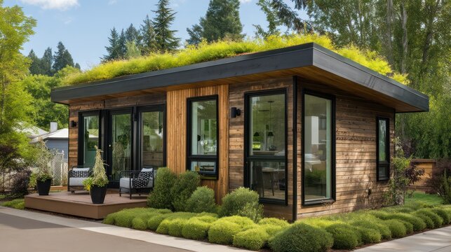 A compact eco friendly home with green rooftop wooden siding and wide windows Clean hedges line the perimeter