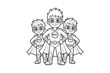 Three cartoon superheroes standing together in a line smiling confidently