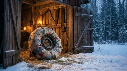 Patchwork tire in a cozy winter barn.
