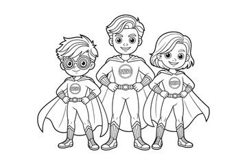 Three cartoon superheroes standing together in a line smiling confidently