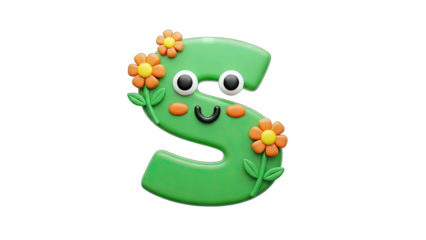 Cute Green Letter S with Flowers on White