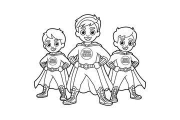 Three boys dressed as superheroes with capes and boots standing confidently