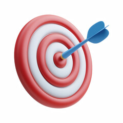 3D cute cartoon target with blue dart, matte red and white bullseye, isolated on transparent background.