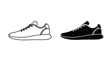 Detailed depiction of running shoes one outlined and one in stark black silhouette