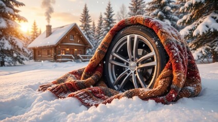 Wheel in scarf against winter house background.