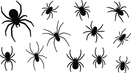 Black spider silhouettes set, creepy arachnid shapes isolated on white background, halloween insect illustration collection for spooky design vector bundle © Shahariar's World