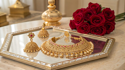 Intricately Designed 22k Gold Necklace and Jhumka Earrings Set with Red Roses, Displayed on a Mirrored Tray