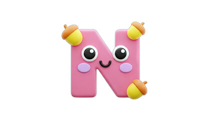 Cute Letter N with Acorns and Face - Isolated
