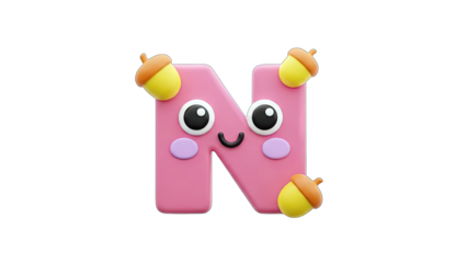 Cute Letter N with Acorns and Face - Isolated