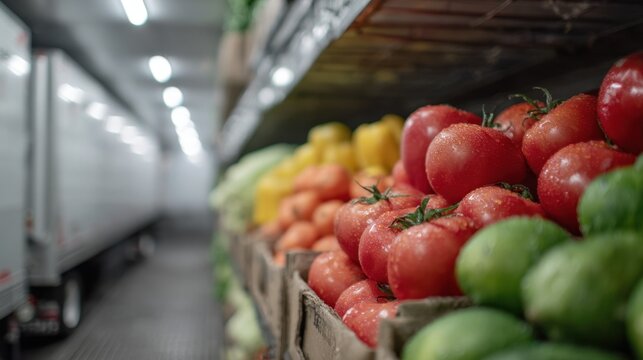 Fototapeta Medium shot of a refrigerated truck interior with chilled produce neatly stacked crisp and fresh in sharp focus while the surrounding cargo area blurs softly.