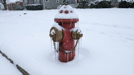 Red fire hydrant covered in deep snow and hanging icicles on a residential street during winter