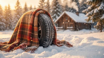 Wheel in scarf against winter house background.