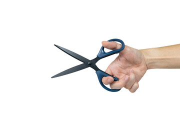 Close up of a right hand holding open blue scissors, isolated on a white background.