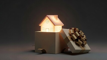 A delightful 3D rendering of a miniature house emerging from a gift box with a golden ribbon