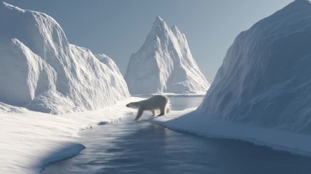A lone polar bear traversing a frigid arctic landscape, surrounded by icy mountains
