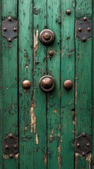 Fototapeta premium Weathered green wooden door, peeling paint, antique metal hardware