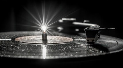 Wet vinyl record on turntable, bright starburst light from center