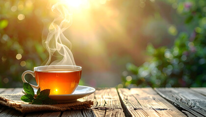 Steaming Cup of Tea on Wooden Table in Nature.