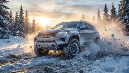 Extreme SUV driving through snow and ice.