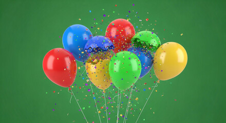 Vibrant balloons and confetti on green background for celebration