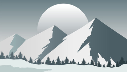 Snowy mountain landscape illustration with snow hill and pine trees