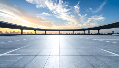 Wide Angle View of Empty Parking Lot at Sunset.