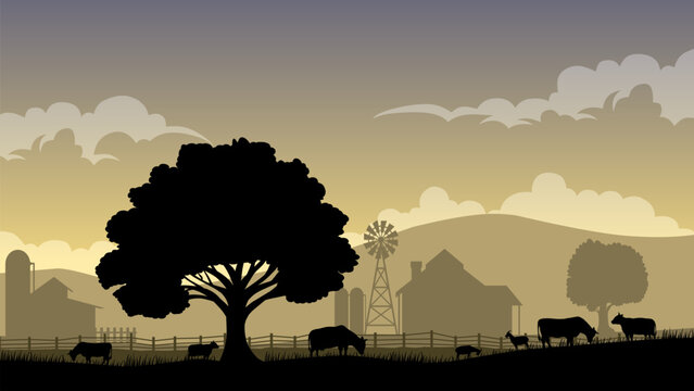 Farm landscape illustration with farmhouse and animal livestock