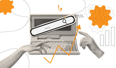 Trendy halftone collage with abstract data analytics and search interface concept with laptop and growth chart