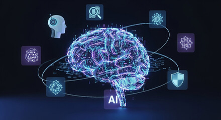 Futuristic AI brain with glowing circuits and icons