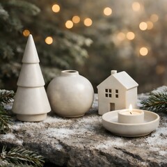 Minimal Winter Decor with Ceramic Trees Houses and Candle Bokeh
