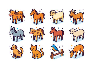 Obraz premium Colorful Pasture Icons. Pasture Animals. Colorful isometric vect