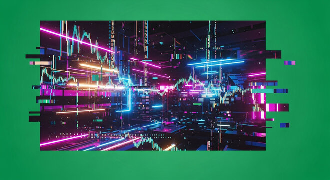 Vibrant digital graph with neon lines on green background - Powered by Adobe