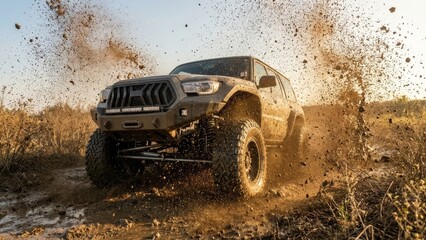 Powerful 4x4 car splashing deep mud.