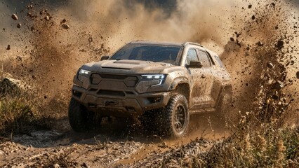 Powerful 4x4 car splashing deep mud.