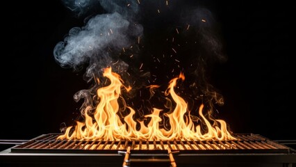 Blazing Flames Dancing Atop a Grill Grate: A Fiery Culinary Foundation Preparation