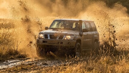 4x4 car splashing mud at sunset.