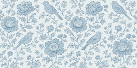 Toile De Jouy vintage floral seamless pattern with flowers and birds in delicate blue color palette
