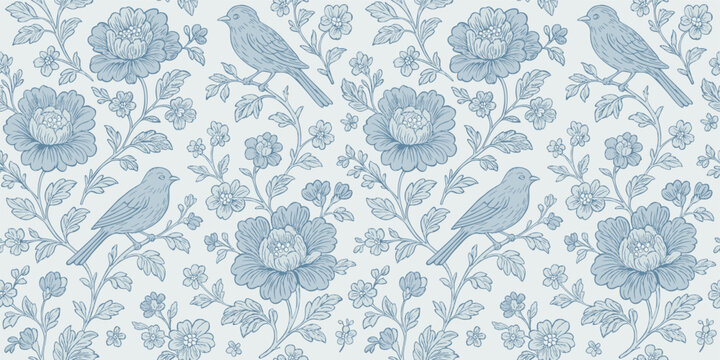 Toile De Jouy vintage floral seamless pattern with flowers and birds in delicate blue color palette