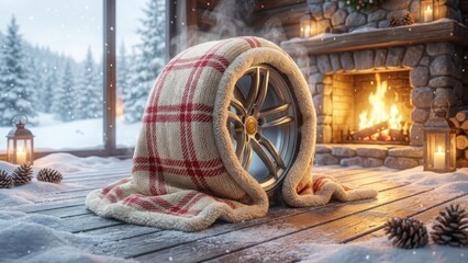 Cozy wheel in blanket by fireplace.