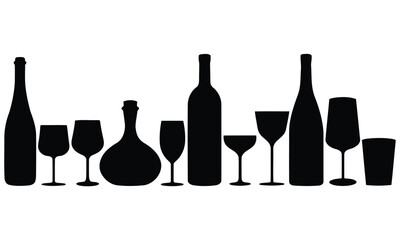 Wine bottle and glass silhouette vector set alcohol drinkware icons on white background