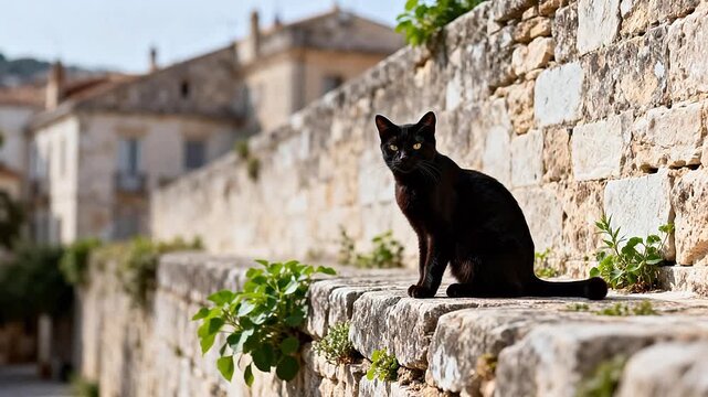 Black cat sitting on stone wall
