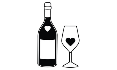 Wine bottle and glass with heart icon, romantic vector illustration